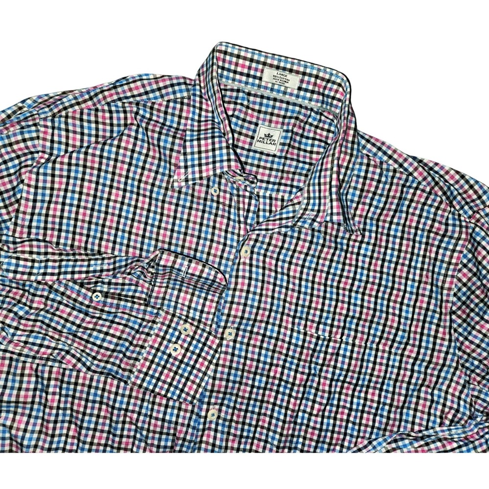Peter Millar Shirt Mens‎ Medium Pink Blue Brown  Plaid L/S Button Up Shirt SZ lG